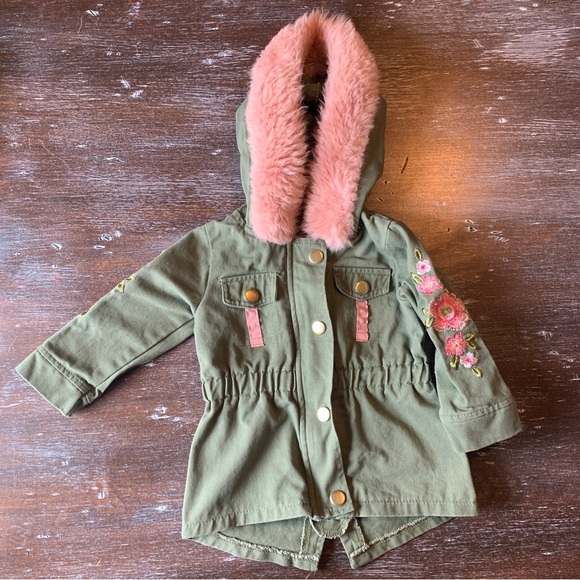 3/$12 Green Denim Jacket with Pink Floral Embroidery - Picture 2 of 6